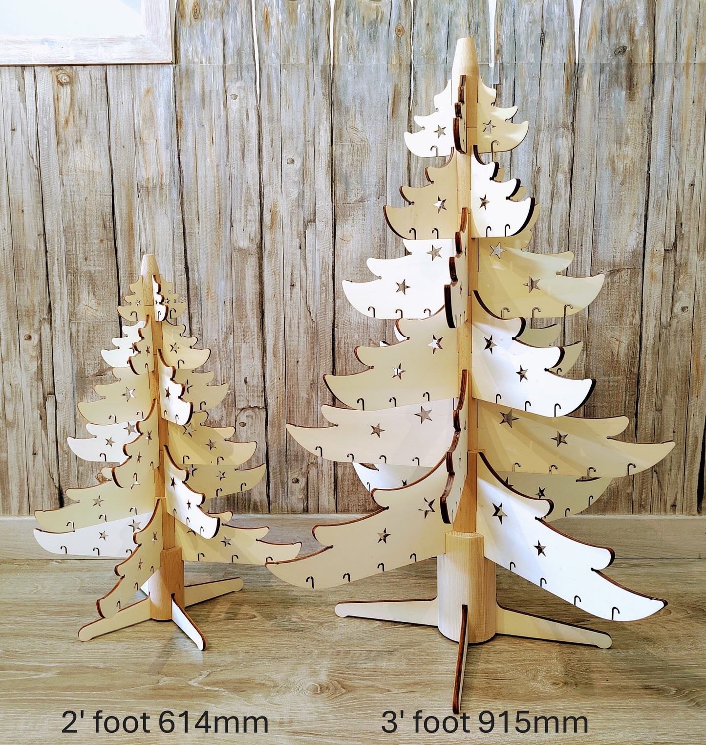 Natural wooden self-assembly Christmas Trees (Xmas Tream). Both 2 foot 614mm and 3 foot 915mm modular Xmas trees shown assembled.